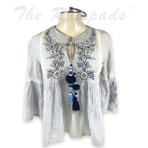 Zara Beaded Striped Embroidered Loose Sleeve Blouse with Tassel Detail S… - Picture 1 of 11